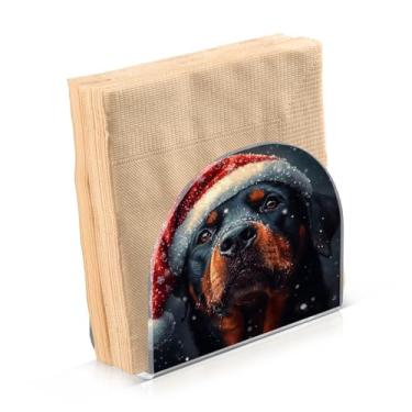 Imagem de Blueangle Pacote com 2 Rottweiler em um porta-guardanapos de chapéu de Natal – Decoração de mesa de acrílico à prova de vento para cozinha e casa, dispensador de lenços de férias com porta-guardanapos