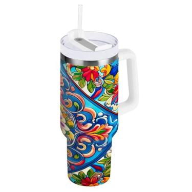Imagem de Blueangle Copo isolado de 850 g com alça e tampa de canudo - Caneca de viagem de aço inoxidável à prova de vazamento, garrafa de água de cerâmica mexicana a vácuo de parede dupla (600)