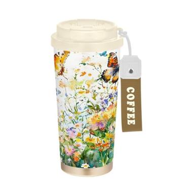Imagem de SEHANY Caneca de viagem borboleta e flores de 482 ml Copos de café reutilizáveis revestidos de cerâmica com tampa à prova de vazamento, parede dupla, isolamento a vácuo, copo de café de aço inoxidável