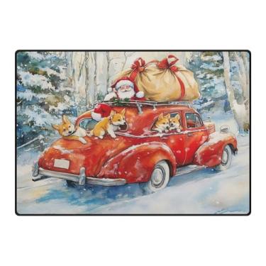 Imagem de Blueangle Tapetes de Natal laváveis de 12 x 16,7 cm para sala de estar - Tapete ultramacio antiderrapante resistente a manchas com estampa de carro vermelho vintage, decoração de férias para quarto e