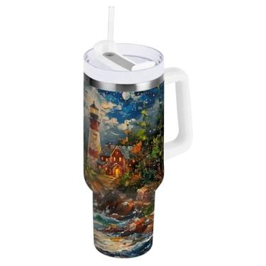 Imagem de Blueangle Copo isolado de 850 g com alça e tampa de canudo - Caneca de viagem de aço inoxidável à prova de vazamento, garrafa de água com pintura a óleo de farol de parede dupla (21)