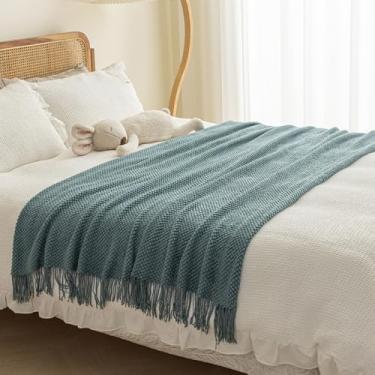 Imagem de JONKMY Cama Runner Corredores de Cama Cor Sólida Queen King Size Lenço de Malha Sofá Cobertor Macio Confortável Roupa de Cama com Borlas Decoração Quarto Hotel Toalha de Cama Colcha Azul||70 * 260 cm