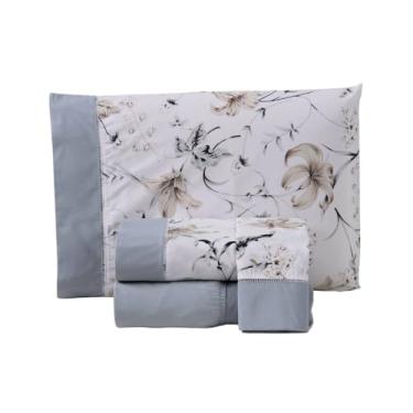 Imagem de Jogo de Lençol Casal Queen Encantare Estampado Floral, Percal 180 Fios, 4 Peças com Ponto Palito, 80% Algodão 20% Poliéster, 2,50m x 2,35m (Cinza)