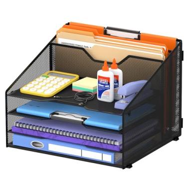 Imagem de SUPEASY Organizador de arquivos de mesa com 4 bandejas de letras e 2 seções verticais, organizador de papel de malha de metal resistente para escritório, casa, espaço de trabalho – preto