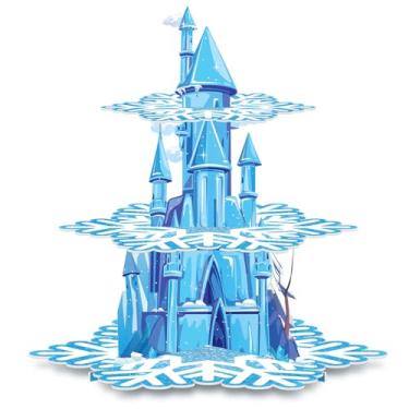 Imagem de BenLouis Suporte de cupcake congelado de 3 níveis – artigos de festa de aniversário Frozen Winter Wonderland decoração de mesa de bolo de chá de bebê floco de neve para meninas, crianças, lembrancinha