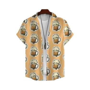 Imagem de Camisa Havaiana Masculina Estampada Em 3D Com Tema De Cerveja, Manga C