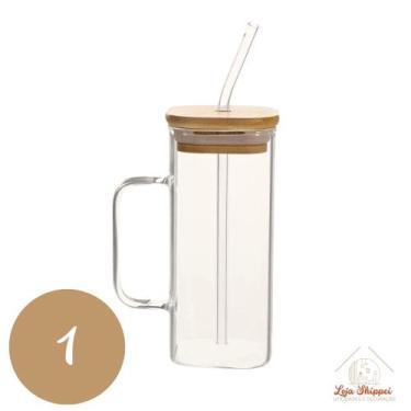 Imagem de Copo de Vidro Quadrado 350ml com Alça e Tampa Bambu e Canudo - TOP ÚTI