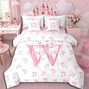 Imagem de Erosebridal Conjunto de edredom com 7 peças, letra W, laço de fita, romântico, rosa romântico, em uma bolsa, coquete, alfabeto, letras, conjunto de lençol com edredom