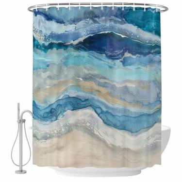 Imagem de Cortina de chuveiro de praia litorânea azul, aquarela abstrata, oceanos, ondas, tecido impermeável, conjunto de cortinas de chuveiro para banheiro, decoração de casa, lavável na máquina