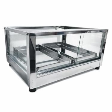 Imagem de Estufa Elétrica Aquecedora para Alimentos com Vitrine de Vidro, Estrutura em Aço Inoxidável, 2 ou 3 Bandejas, 36x32x22 cm, Pés Emborrachados (2 Bandeja 110V)