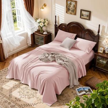 Imagem de LBRO2M Jogo de lençol 100% algodão com bolso profundo 48,3 cm, 1000 fios, tamanho casal, 4 peças, roupa de cama macia e confortável para todas as estações (casal, rosa)