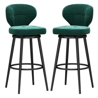 Imagem de Banquetas de bar estofadas giratórias de veludo com apoio para os pés de metal, bancos de bar com altura giratória conjunto de 2, bancos de balcão com encosto, cadeira de bar moderna para ilha de
