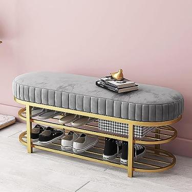 Imagem de Organizador de armazenamento de sapatos dourado - Banco de sapato moderno com prateleira de veludo de 2 camadas para entrada, sapateira premium para corredor