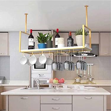 Imagem de Suporte de vidro de vinho pendurado em ferro forjado prateleira de armazenamento de madeira maciça estilo europeu para bar ou cozinha rack de exibição montado no teto dourado, 100 * 30 * 60 cm