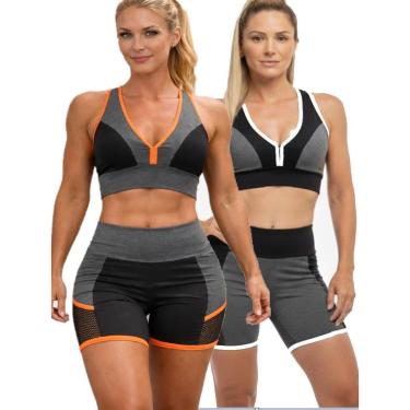 Imagem de Kit 2 Conjunto Fitness Feminino Top e Short Preto e Cinza Esportivo sem bolso M (38-40) G (42)-Feminino