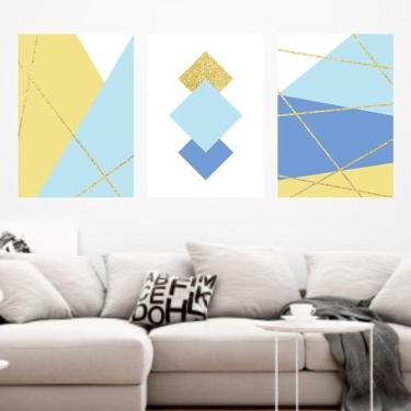 Imagem de Kit 3 Quadros Decorativos Geométrico Azul Claro