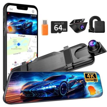 Imagem de Mirror Dash Cam QOZ 4K frontal e tela de 10" com visão traseira 1080P