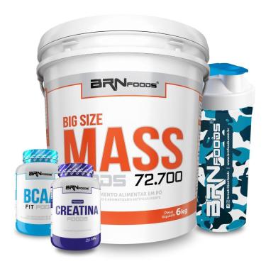 Imagem de Kit Hipercalórico Big Size Mass 6kg + BCAA 100g  + Creatina 100g + Coqueteleira -BRNFOO...