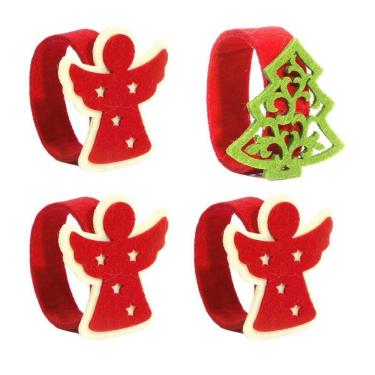 Imagem de Kit Porta Guardanapo Feltro Decorado Natal Anjo e Pinheiro Verde Anel 4 Peças - Magizi