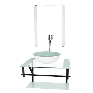 Imagem de GABINETE DE VIDRO PARA BANHEIRO 60CM AP CUBA REDONDA BRANCO COM TORNEIRA CROMADA