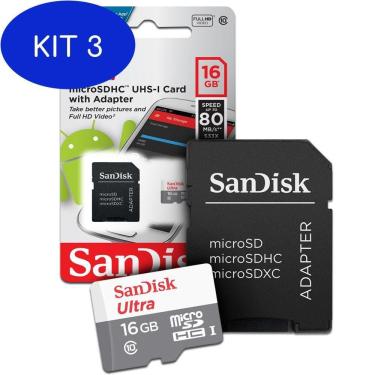 Imagem de Kit 3 Cartão De Memoria 16gb Microsd Cl10 80mb/s Sdsquns Sandisk
