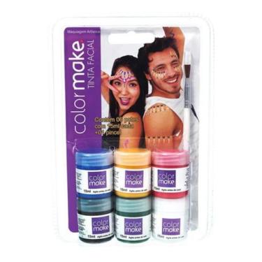 Imagem de Maquiagem Artística Color Make - 6 Cores 15ml + Pincel Tinta Facial Liquida Com 06 Potes 15ml + Pincel Color Make