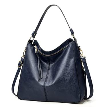 Imagem de Bolsa feminina de couro PU Boston de ombro, bolsa mensageiro casual fashion (Azul)