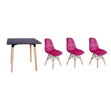 Imagem de Kit Mesa Jantar Eiffel 80x80cm Preta + 03 Cadeiras Botonê Veludo - Rosa
