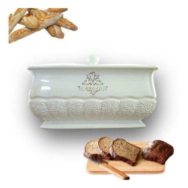 Imagem de Porta Pão Com Tampa Cerâmica Servir Bread Off White 31X18x19 - Vachero