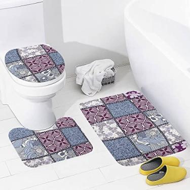 Imagem de Conjunto de tapetes de banheiro 3 peças abstratas feitas à mão floral lavável tapete antiderrapante tapete de contorno e tampa para banheiro