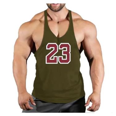 Imagem de Camiseta regata masculina gola redonda cor sólida costas nadador número impresso emagrecedor camiseta muscular, Verde militar, G