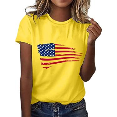 Imagem de Camisetas femininas de 4 de julho com bandeira americana listradas, casual, patriótico, memorial, festival, Amarelo, G