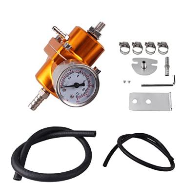 Imagem de BARTOO Kit universal de regulador de pressão de combustível, regulador de combustível de alumínio, regulador de pressão de injeção de óleo de gás ajustável com calibre 0-140 PSI, mangueiras de linha de combustível 6AN, acessórios de ferramenta de instalação (ouro)