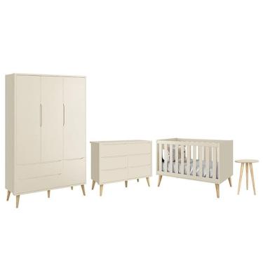 Imagem de Dormitório Completo Infantil Theo 3 Portas, Cômoda 6 Gavetas, Berço e Mesa de Canto com Pés Madeira Natural - Reller Móveis