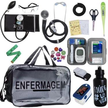 Imagem de Kit Bolsa Transparente Aparelho de Pressão Aneroide Medidor de Glicose