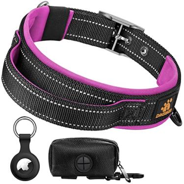Imagem de DAGANXI Coleira ajustável macia de neoprene acolchoada respirável com tira refletiva de nylon para cães pequenos, médios e grandes, com estojo Airtags e dispensador de sacos para cocô de cachorro (pequena, preto/rosa)
