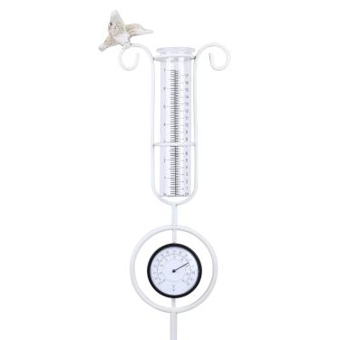 Imagem de MUMTOP Pluviômetro ao ar livre, estaca de metal para pássaros de 91,8 cm com termômetro para gramado, quintal e jardim (branco)