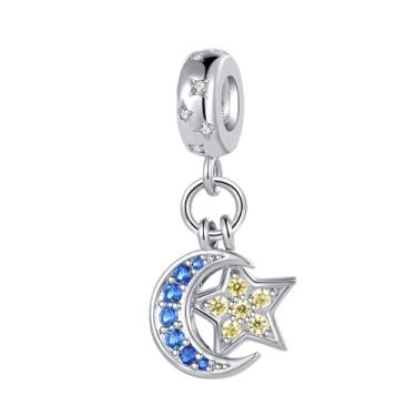 Imagem de MiiFort Pingente celestial estrela lua crescente azul amarelo CZ compatível com pulseiras Pandora Charms, One Size, Cobre, Sem Pedra Preciosa