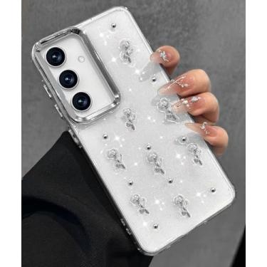 Imagem de Toycamp Capa feminina para Samsung Galaxy S24 - Capa de telefone feminina fofa para Samsung S24 Kawaii Estética bonita exclusiva Glitter Bling Sparkle Wave Design Funda para S 24, flor rosa