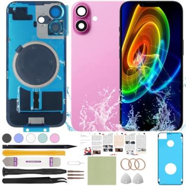 Imagem de ReuWeu Substituição da capa de vidro da tela traseira compatível com iPhone 16 Plus todas as operadoras de 6,7 polegadas + placa pré-instalada e moldura da câmera + ferramentas profissionais (rosa)