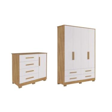 Imagem de Guarda Roupa e Cômoda Infantil Moveis Peroba Charlo LS MDF, Branco Amê