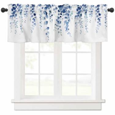 Imagem de Cortina de saia de folhas de eucalipto azul, aquarela azul ombré, folhas de eucalipto, tratamento de janela de primavera para cozinha, cortina de bolso de haste azul escuro para banheiro, sala de