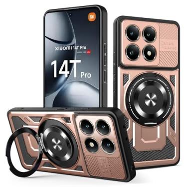 Imagem de Kukoufey Capa compatível com Xiaomi 14T Pro 5G 2407FPN8EG 2407FPN8ER, compatível com MagSafe, suporte magnético giratório de 360 graus, capa de telefone anti-queda rosa