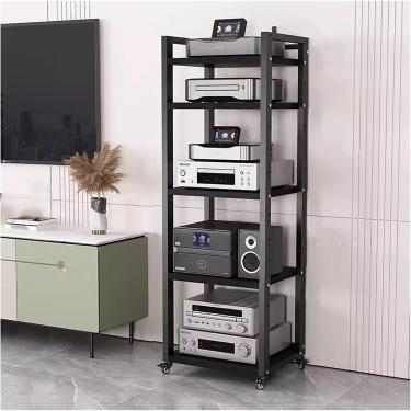 Imagem de Cabinete de mídia de áudio de prateleira de áudio com prateleira e rodízios ajustáveis ​​em altura, componentes estéreo de entretenimento da sala de estar, rack para pequeno espaço, preto-#2
