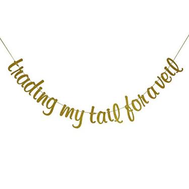 Imagem de Trading My Tail for a Veil Banner Gold Glitter, Bridal Shower Bunting, Beach Bachelorette Party Decorations, Under The Sea Party Decors