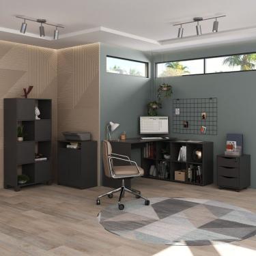 Imagem de Conjunto Completo 4 Itens Com Escrivaninha Espaçosa Em L Gaveteiro 3 Gavetas Armário E Balcão Preto