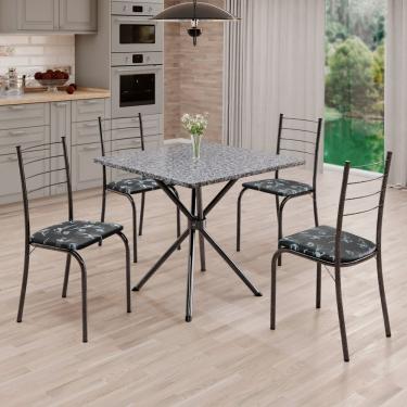 Imagem de Conjunto Sala De Jantar Mesa Quadrada 70x70cm Tampo Granito Ocre 4 Cadeiras Rio Preto Floral - Mart Prata