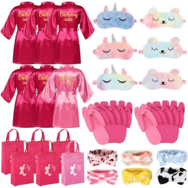 Imagem de Shihanee Conjunto de 30 peças de artigos de festa de aniversário de spa para meninas, conjunto de 6 roupões de cetim para festa do pijama, pacote infantil, kit de aniversário de princesa, Rosa