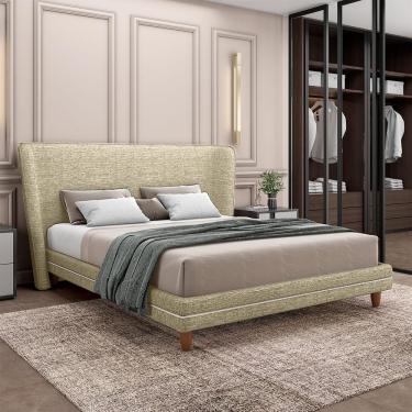 Imagem de Conjunto Cama Com Cabeceira King Torres Pés Em Madeira Linho Bege G91 - Gran Belo