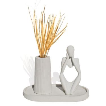 Imagem de Kit 3 Peças Decoração Estátua Pensadora Garrafa Tubo E Bandeja Cinza